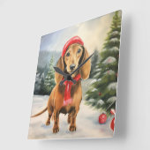 Dachshund Hond in Sneeuw Kerstmis Vierkante Klok (Hoek)