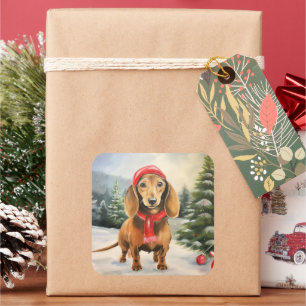 Dachshund Hond in Sneeuw Kerstmis Vierkante Sticker