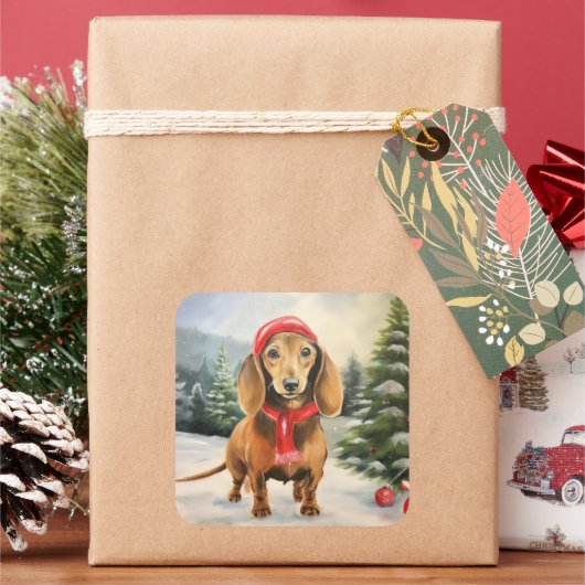 Dachshund Hond in Sneeuw Kerstmis Vierkante Sticker (Feestdagen)