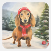 Dachshund Hond in Sneeuw Kerstmis Vierkante Sticker (Voorkant)