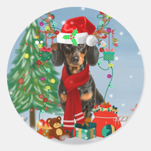 Dachshund Hond in Sneeuw met Kerstmis Ronde Sticker (Voorkant)