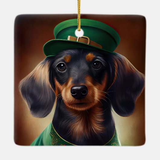 Dachshund-hond in St. Patrick's Day-jurk Keramisch Ornament (Achterkant)