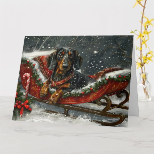 Dachshund Hond Kerstfeest Kaart (Gele Bloem)