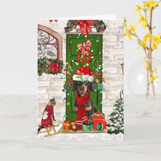 Dachshund Hond Kerstmis   Kaart (Gele Bloem)