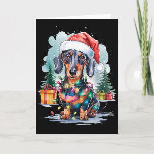 Dachshund hond kerstmuts kerstverlichting boom win kaart