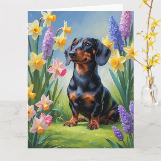Dachshund-hond lente bloemen schilderij kaart (Gele Bloem)