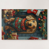 Dachshund-hond met kerstcadeaus bij de open haard legpuzzel (Horizontaal)