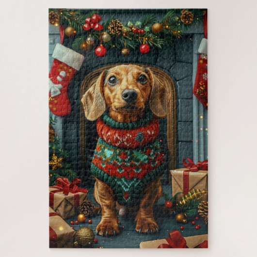 Dachshund-hond met kerstcadeaus bij de open haard legpuzzel (Verticaal)