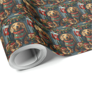 Dachshund-hond met kerstcadeaus open haard cadeaupapier
