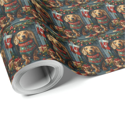 Dachshund-hond met kerstcadeaus open haard cadeaupapier (Rol Hoek)
