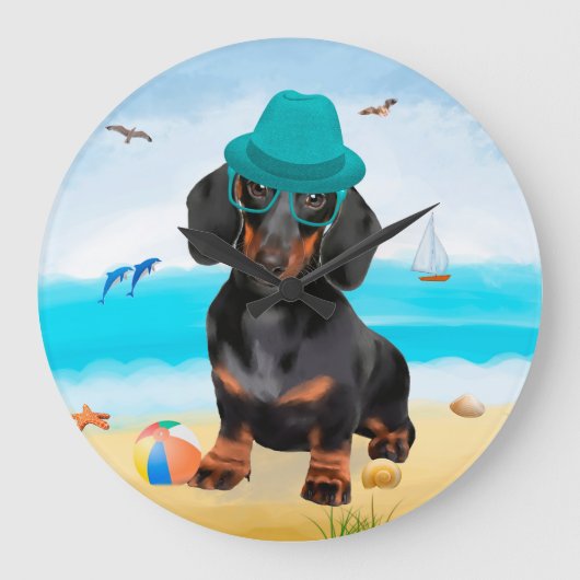Dachshund-hond op het strand grote klok (Voorkant)