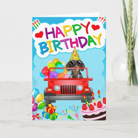 Dachshund Hond Rijden met ballonnen Verjaardag Kaart (Voorkant)