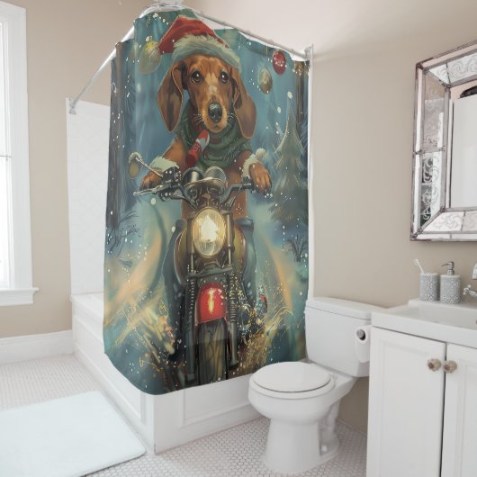 Dachshund Hond Rijden Motorfiets Kerstmis Douchegordijn (In situ)
