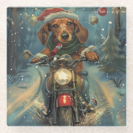 Dachshund Hond Rijden Motorfiets Kerstmis Glazen Onderzetter (Voorkant)