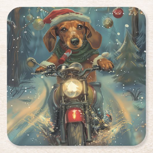 Dachshund Hond Rijden Motorfiets Kerstmis Kartonnen Onderzetters (Voorkant)