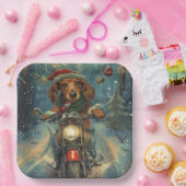 Dachshund Hond Rijden Motorfiets Kerstmis Papieren Bordje (Feest)