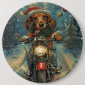 Dachshund Hond Rijden Motorfiets Kerstmis Ronde Button 6,0 Cm (Voorkant)