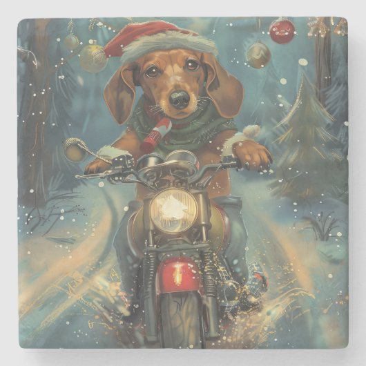 Dachshund Hond Rijden Motorfiets Kerstmis Stenen Onderzetter (Voorkant)