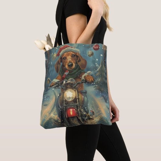 Dachshund Hond Rijden Motorfiets Kerstmis Tote Bag (Dichtbij)