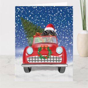 Dachshund-hond rijdt auto in sneeuw met Kerstmis Kaart