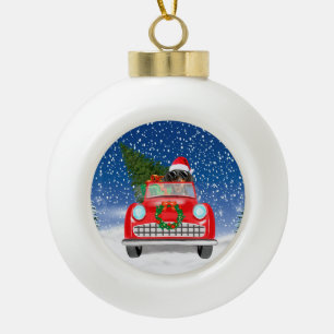 Dachshund-hond rijdt auto in sneeuw met Kerstmis Keramische Bal Ornament