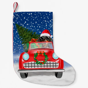 Dachshund-hond rijdt auto in sneeuw met Kerstmis  Kleine Kerstsok