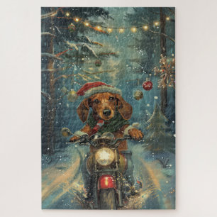 Dachshund-hond rijdt op motorfiets met Kerstmis Legpuzzel
