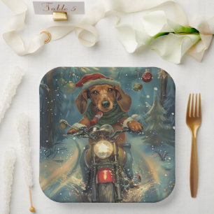 Dachshund-hond rijdt op motorfiets met Kerstmis Papieren Bordje