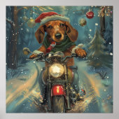 Dachshund-hond rijdt op motorfiets met Kerstmis Poster (Voorkant)