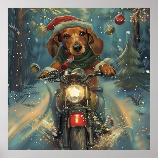 Dachshund-hond rijdt op motorfiets met Kerstmis Poster (Voorkant)