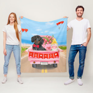 Dachshund Hond Valentijnsdag Truck Harten Fleece Deken