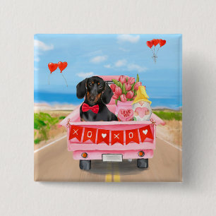Dachshund hond Valentijnsdag Truck Hartjes Vierkante Button 5,1 Cm