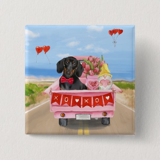 Dachshund hond Valentijnsdag Truck Hartjes Vierkante Button 5,1 Cm (Voorkant)