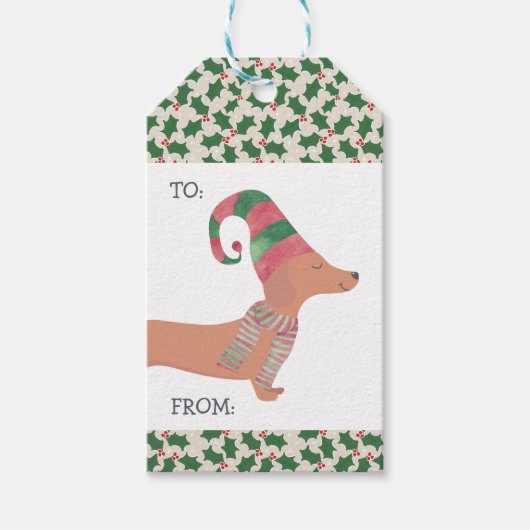 Dachshund Hond Vrolijk Kerstfeest Cadeaulabel (Voorkant)