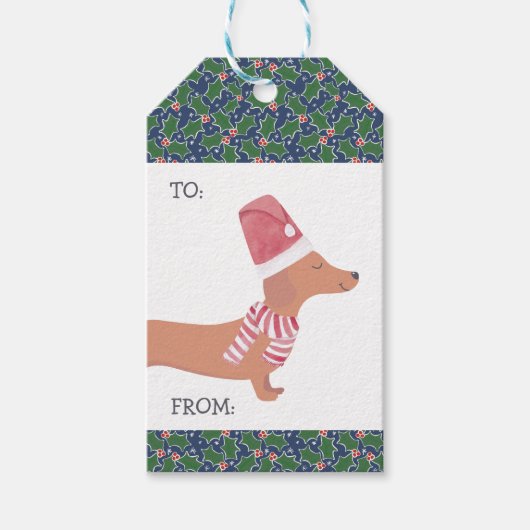 Dachshund Hond Vrolijk Kerstfeest Cadeaulabel (Voorkant)