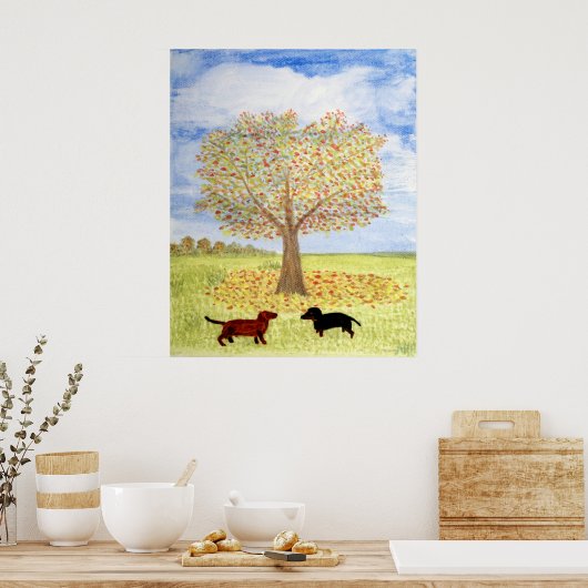Dachshund Honden Herfst Boom Wandel Poster (Keuken)