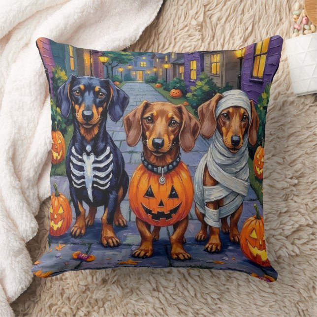 Dachshund Honden Trick-or-Treating met Halloween Kussen (Deken)