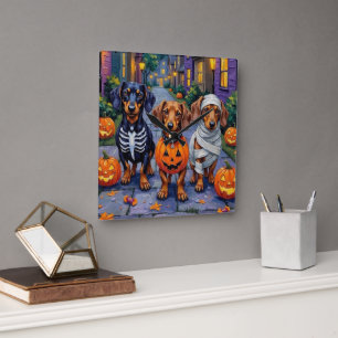 Dachshund Honden Trick-or-Treating op Halloween Vierkante Klok