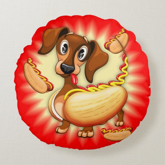 Dachshund Hot Dog Rond Kussen (Voorkant)