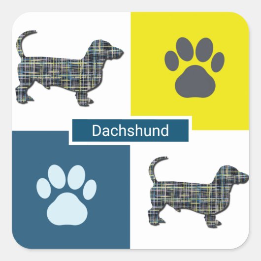 Dachshund Hound Dog & Paw Y&B Grid Square Sticker (Voorkant)