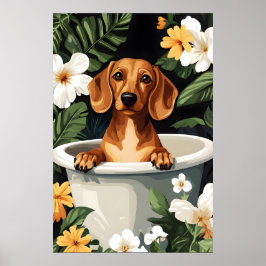 Dachshund in badposter, grappige hond poster