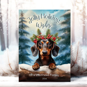 Dachshund in Besneeuwd Betoverd Bos Huisdierportre Feestdagenkaart