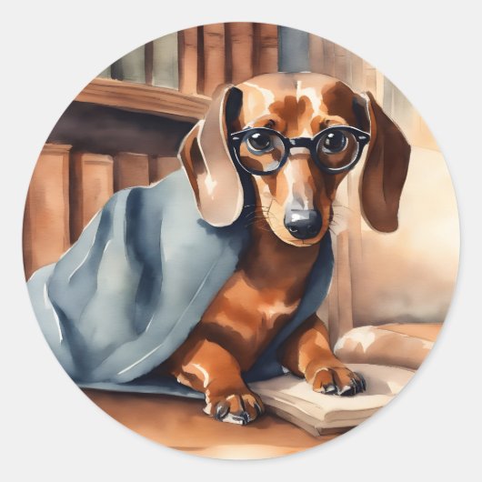  Dachshund in de Oude Bibliotheek Ronde Sticker (Voorkant)
