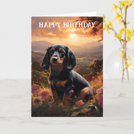 Dachshund in de schemering Verjaardag Kaart (Gele Bloem)