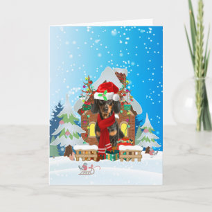 Dachshund in de sneeuw met kerstcadeaus kaart