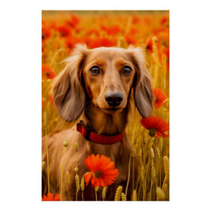 Dachshund in een bloemenveld perfect poster