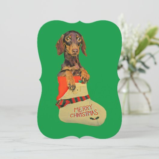 Dachshund in een kerstkous feestdagenkaart (Staand voorkant)