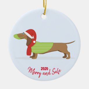 Dachshund in Face Mask Kerstmis 2020 Keramisch Ornament