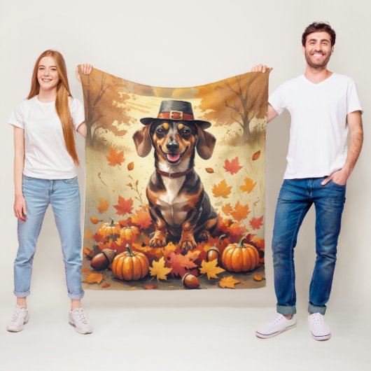 Dachshund in herfstbladeren Thanksgiving Kunst Fleece Deken (In situ)