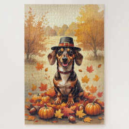 Dachshund in herfstbladeren Thanksgiving Kunst Legpuzzel